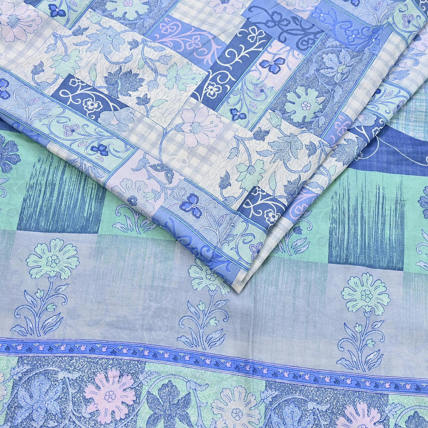 Indian Vintage Sari Gray & Blue Pure Silk Printed Saree 5yd Craft Fabric Sewing Floral Soft Dress Making Wrap used Quilting Crafting Upcycle