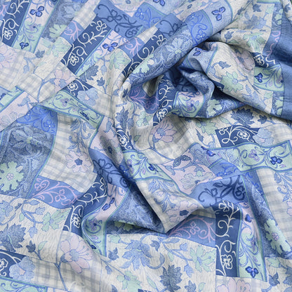 Indian Vintage Sari Gray & Blue Pure Silk Printed Saree 5yd Craft Fabric Sewing Floral Soft Dress Making Wrap used Quilting Crafting Upcycle