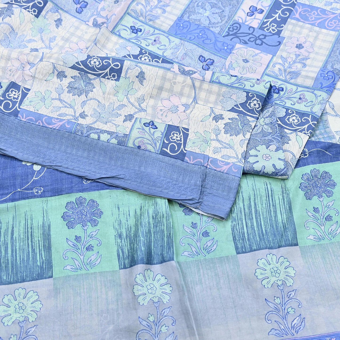 Indian Vintage Sari Gray & Blue Pure Silk Printed Saree 5yd Craft Fabric Sewing Floral Soft Dress Making Wrap used Quilting Crafting Upcycle