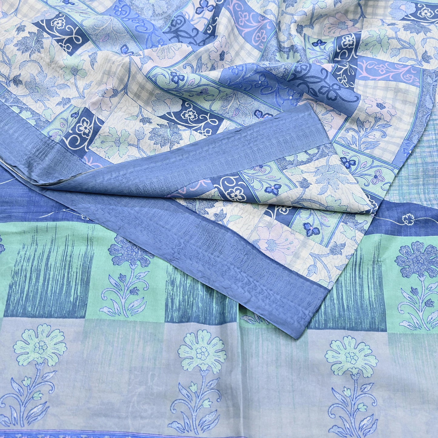 Indian Vintage Sari Gray & Blue Pure Silk Printed Saree 5yd Craft Fabric Sewing Floral Soft Dress Making Wrap used Quilting Crafting Upcycle