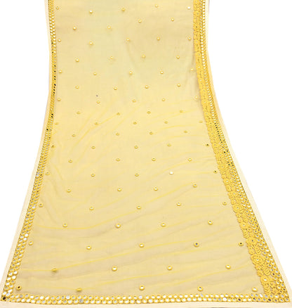 Indian Designer Abu Jani Dupatta Yellow Net Mesh Hand Embroidered Mirror Bridal Veil Preowned Heavy Scarf