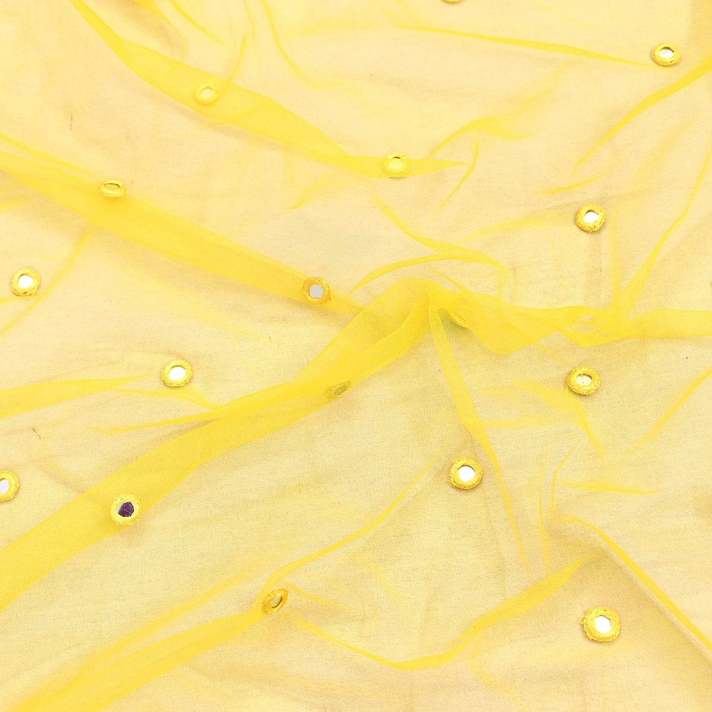 Indian Designer Abu Jani Dupatta Yellow Net Mesh Hand Embroidered Mirror Bridal Veil Preowned Heavy Scarf