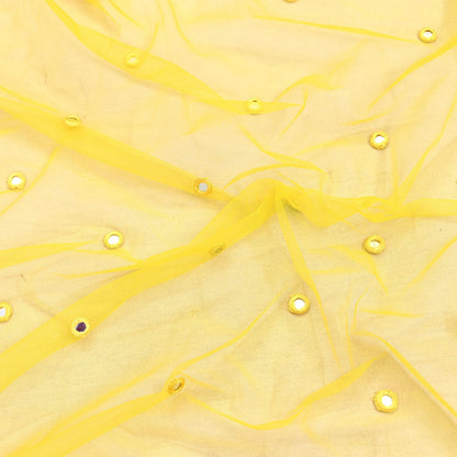 Indian Designer Abu Jani Dupatta Yellow Net Mesh Hand Embroidered Mirror Bridal Veil Preowned Heavy Scarf