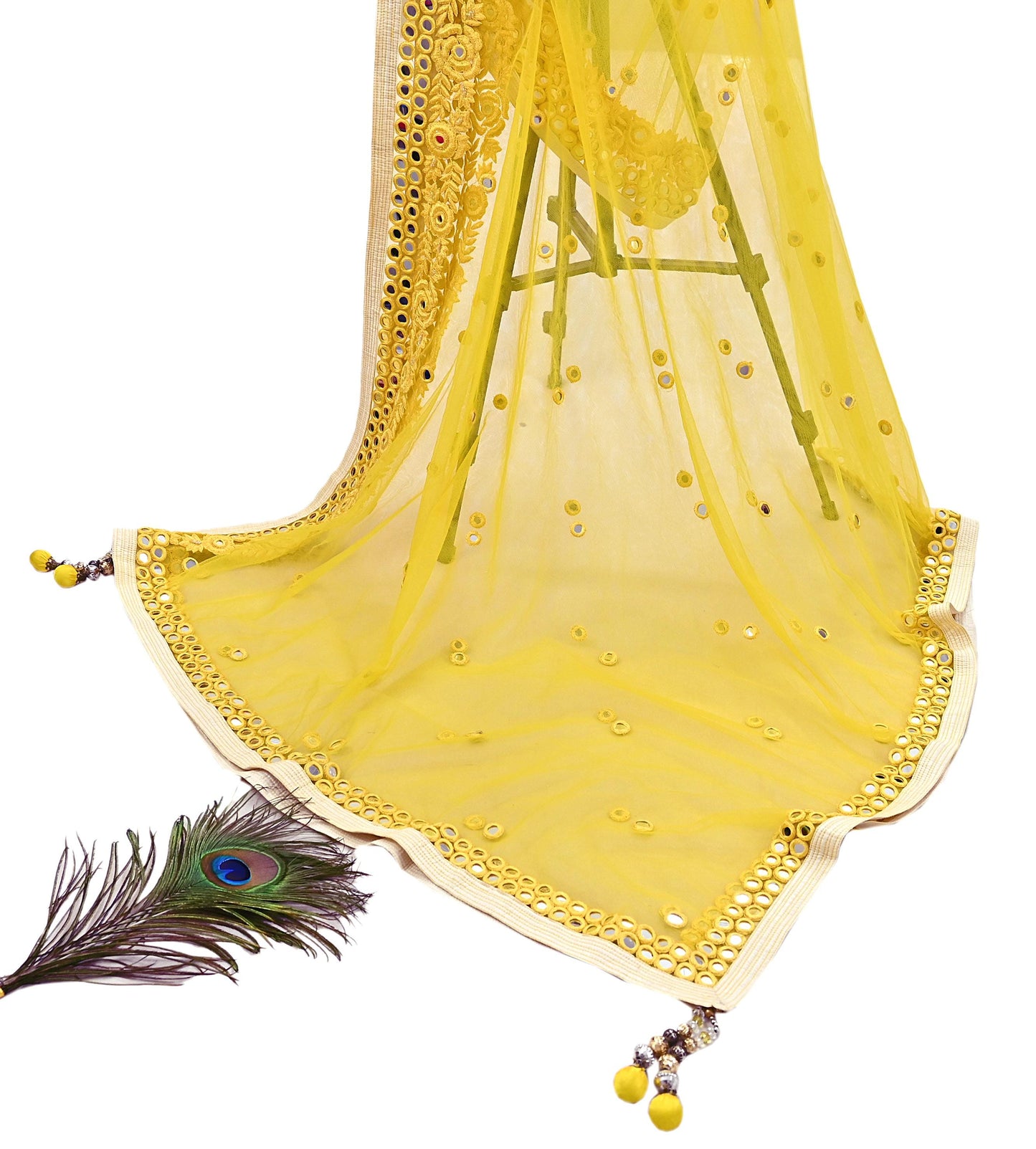 Indian Designer Abu Jani Dupatta Yellow Net Mesh Hand Embroidered Mirror Bridal Veil Preowned Heavy Scarf