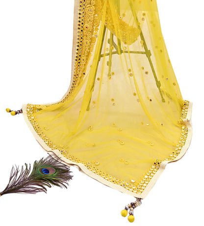 Indian Designer Abu Jani Dupatta Yellow Net Mesh Hand Embroidered Mirror Bridal Veil Preowned Heavy Scarf