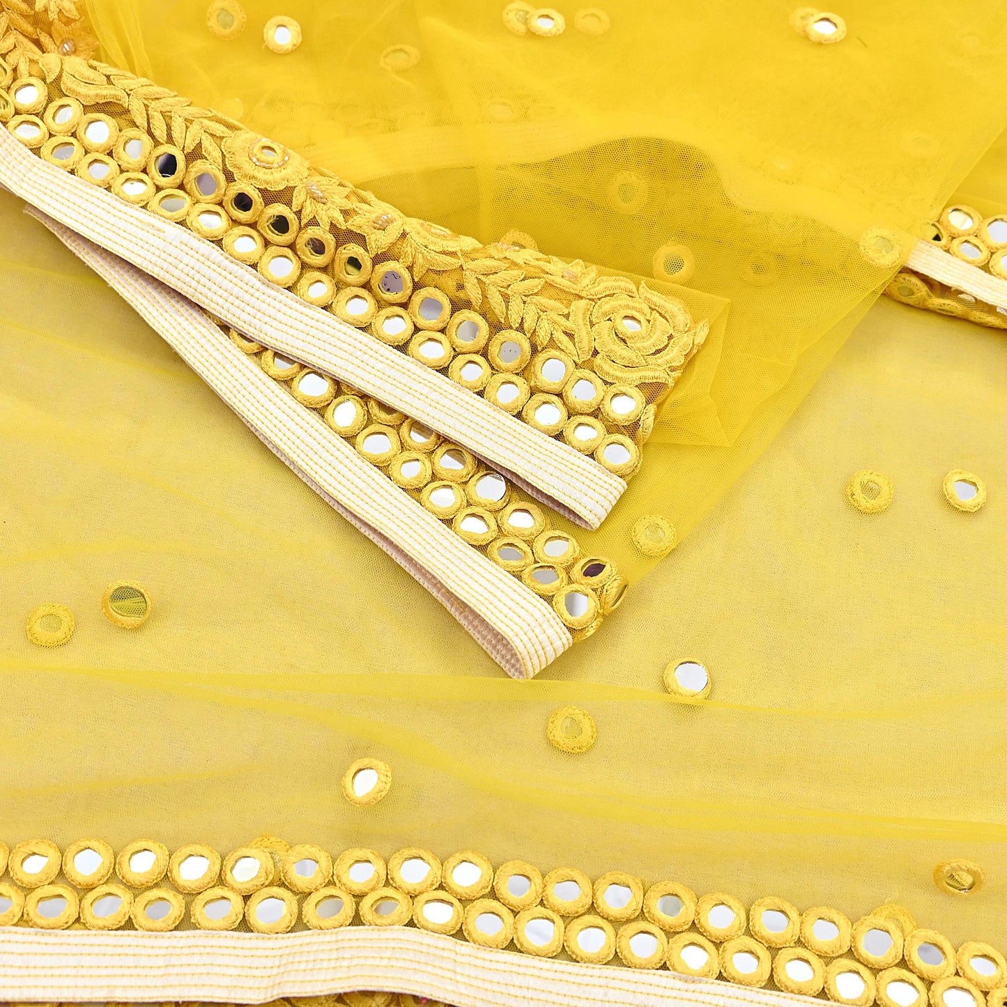 Indian Designer Abu Jani Dupatta Yellow Net Mesh Hand Embroidered Mirror Bridal Veil Preowned Heavy Scarf