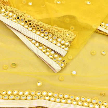Indian Designer Abu Jani Dupatta Yellow Net Mesh Hand Embroidered Mirror Bridal Veil Preowned Heavy Scarf