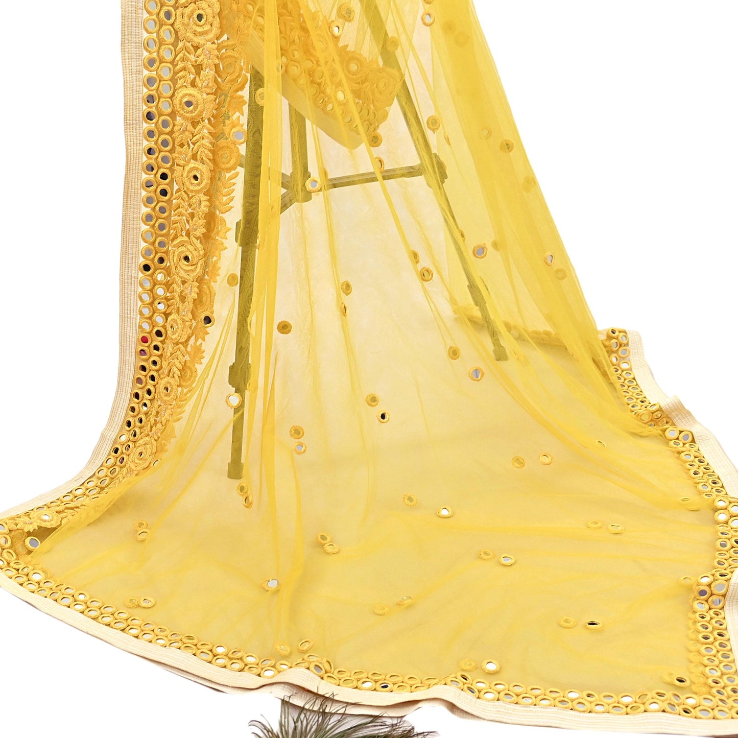 Indian Designer Abu Jani Dupatta Yellow Net Mesh Hand Embroidered Mirror Bridal Veil Preowned Heavy Scarf