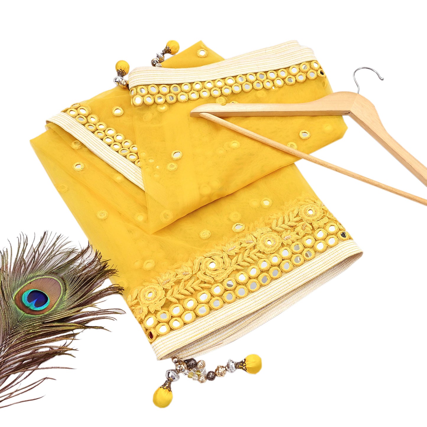 Indian Designer Abu Jani Dupatta Yellow Net Mesh Hand Embroidered Mirror Bridal Veil Preowned Heavy Scarf