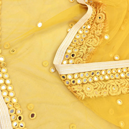 Indian Designer Abu Jani Dupatta Yellow Net Mesh Hand Embroidered Mirror Bridal Veil Preowned Heavy Scarf