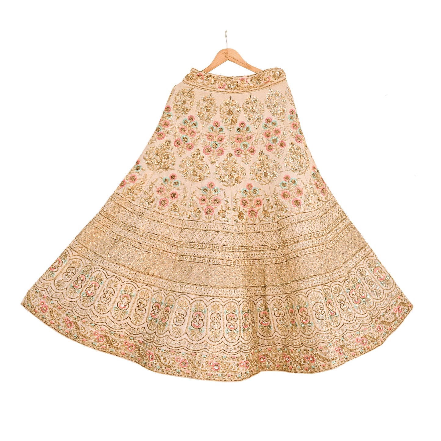Pre-Owned Abu Jani Beige Raw Silk Skirt, Hand Embroidered Couture Lehenga, Designer Indian Wedding Outfit, Festive Luxury Wear