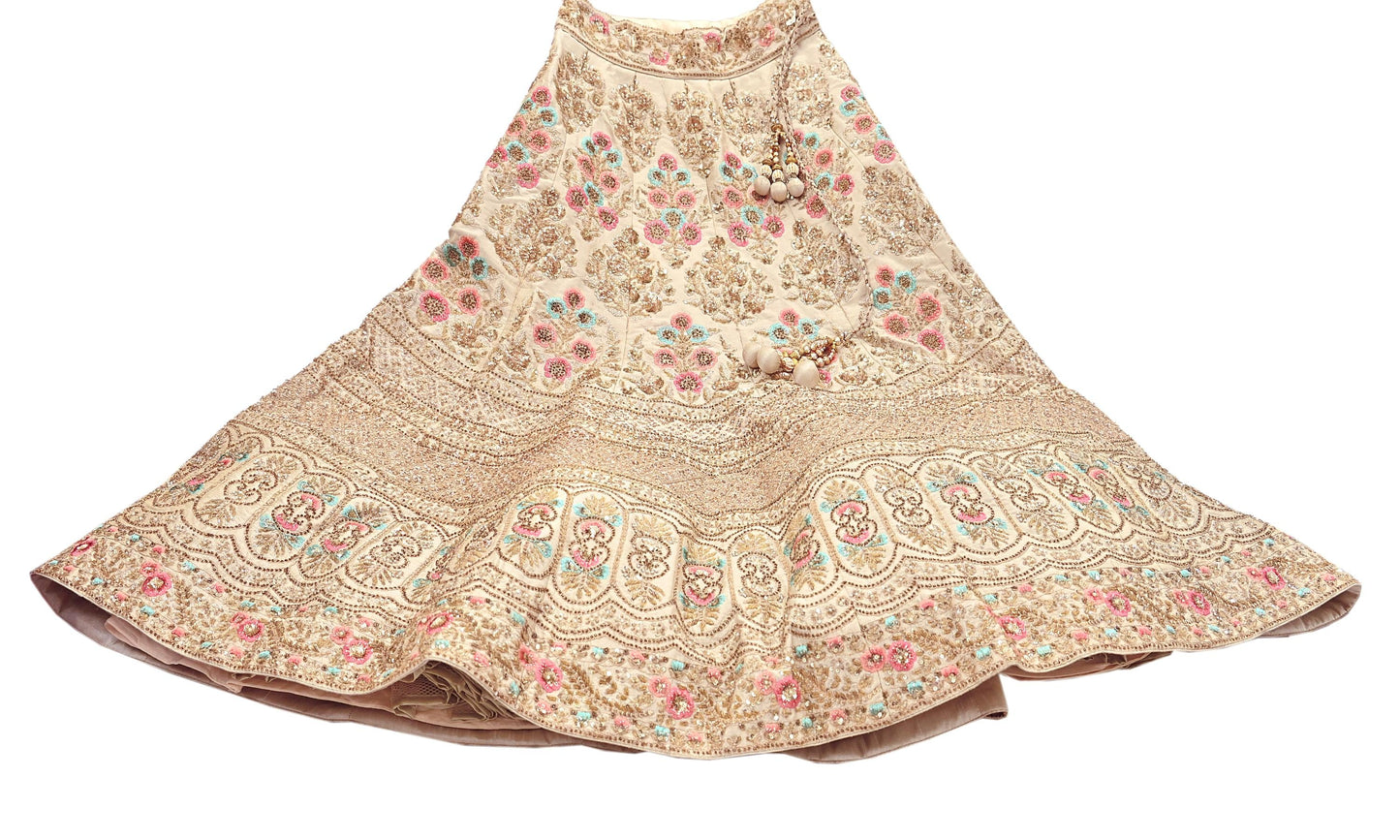 Pre-Owned Abu Jani Beige Raw Silk Skirt, Hand Embroidered Couture Lehenga, Designer Indian Wedding Outfit, Festive Luxury Wear