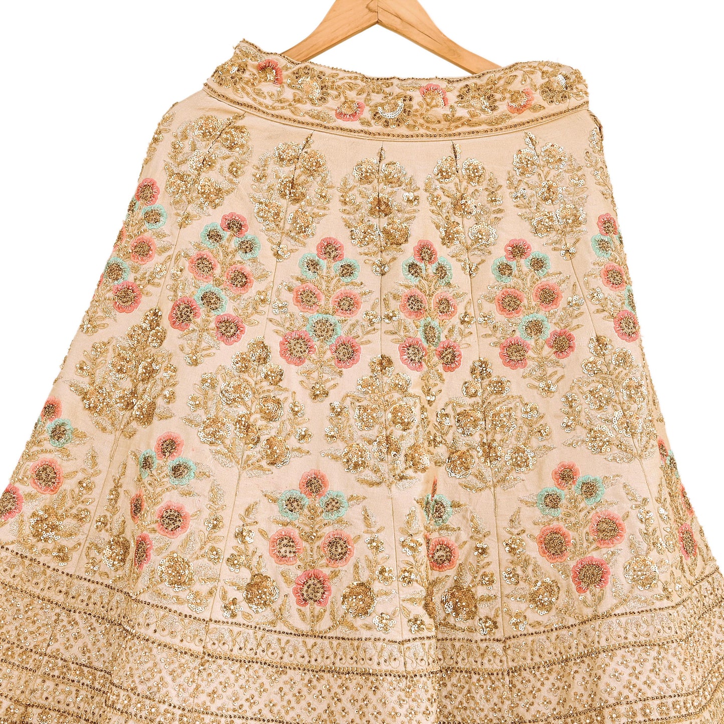 Pre-Owned Abu Jani Beige Raw Silk Skirt, Hand Embroidered Couture Lehenga, Designer Indian Wedding Outfit, Festive Luxury Wear