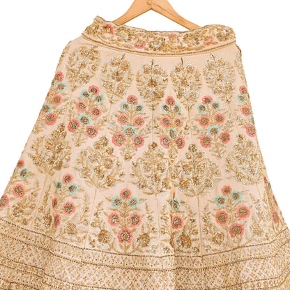 Pre-Owned Abu Jani Beige Raw Silk Skirt, Hand Embroidered Couture Lehenga, Designer Indian Wedding Outfit, Festive Luxury Wear
