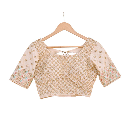 Indian Pre-owned Beige Raw Silk Hand Embroidered By Designer Abu Jani Blouse/Top/Crop 34 M Size Party wear Bollywood