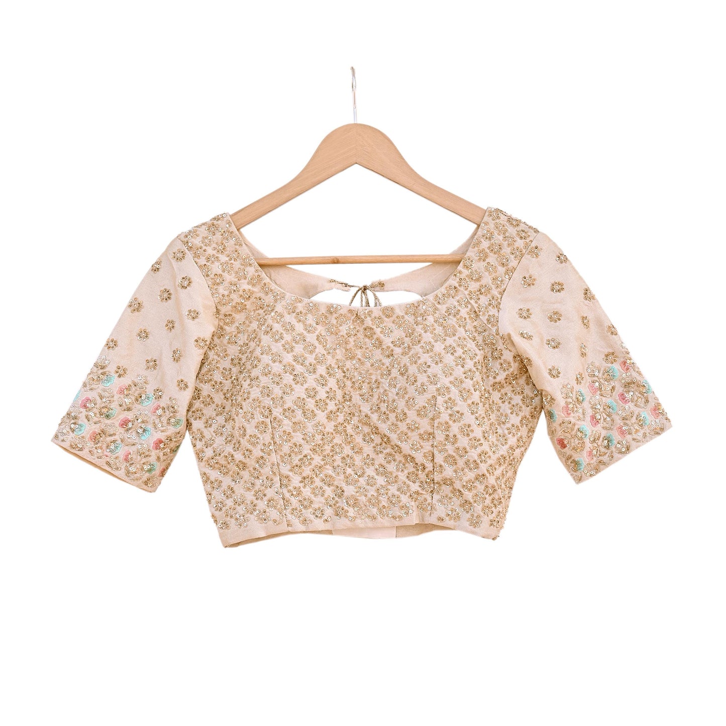 Indian Pre-owned Beige Raw Silk Hand Embroidered By Designer Abu Jani Blouse/Top/Crop 34 M Size Party wear Bollywood