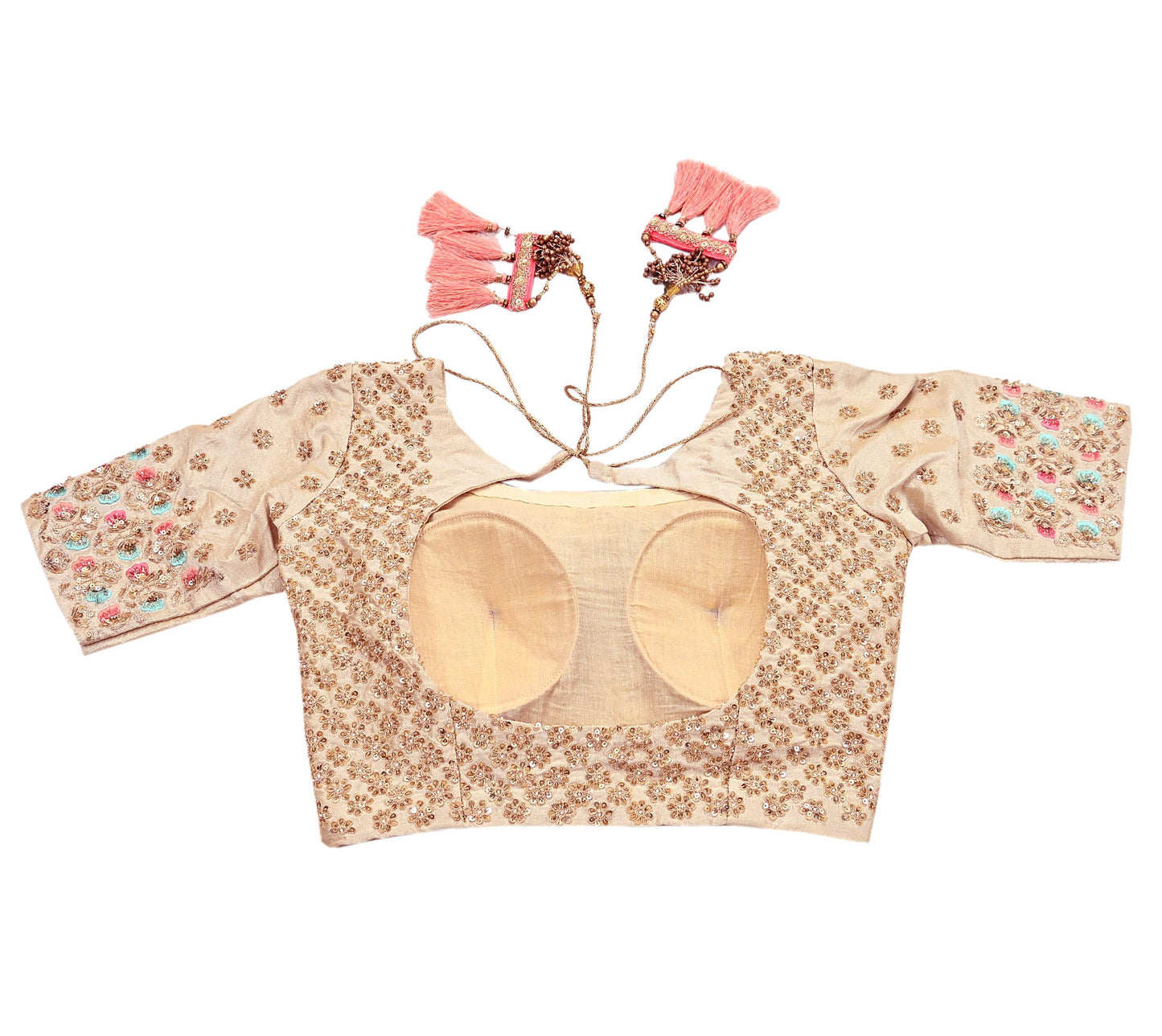 Indian Pre-owned Beige Raw Silk Hand Embroidered By Designer Abu Jani Blouse/Top/Crop 34 M Size Party wear Bollywood