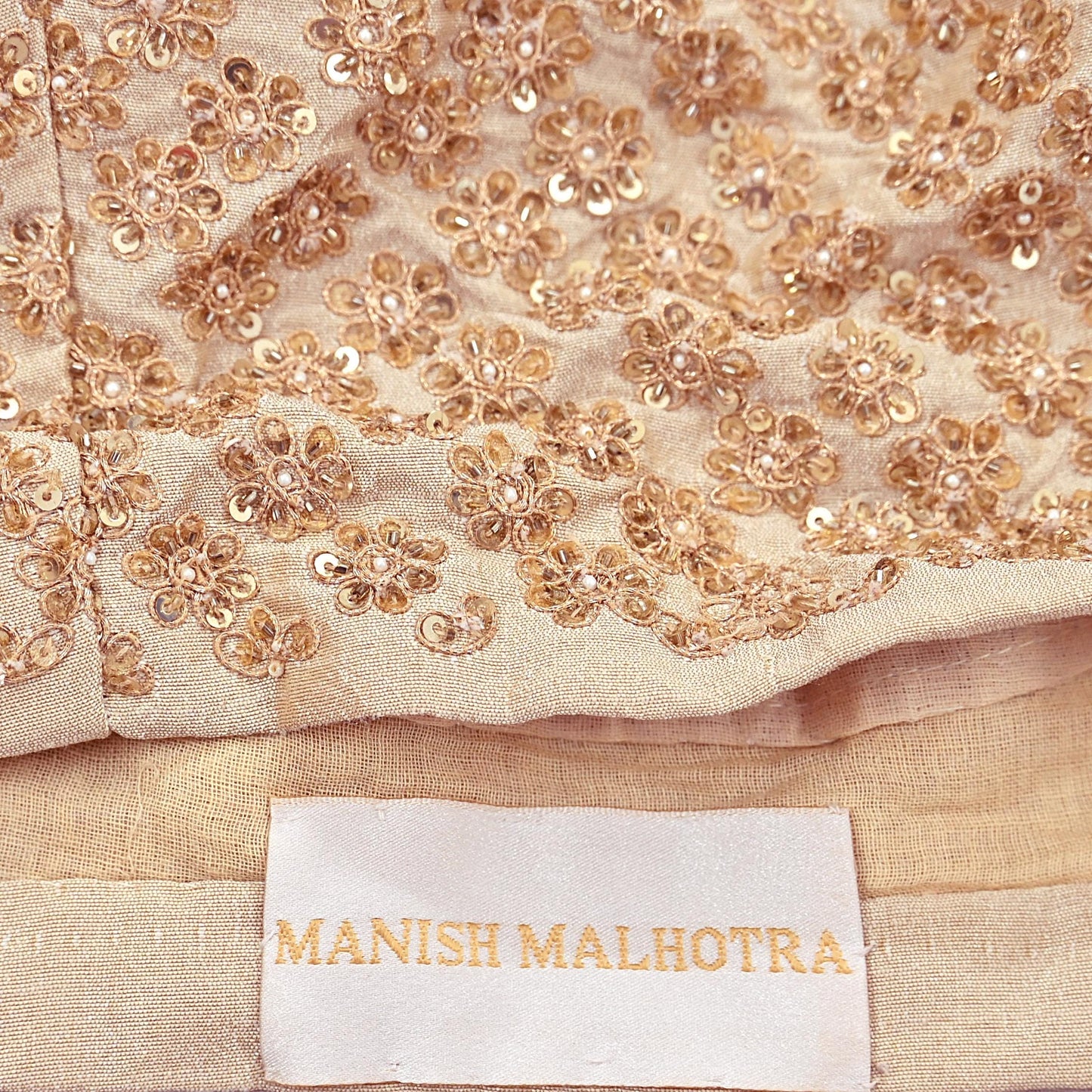 Indian Pre-owned Beige Raw Silk Hand Embroidered By Designer Abu Jani Blouse/Top/Crop 34 M Size Party wear Bollywood