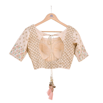 Indian Pre-owned Beige Raw Silk Hand Embroidered By Designer Abu Jani Blouse/Top/Crop 34 M Size Party wear Bollywood