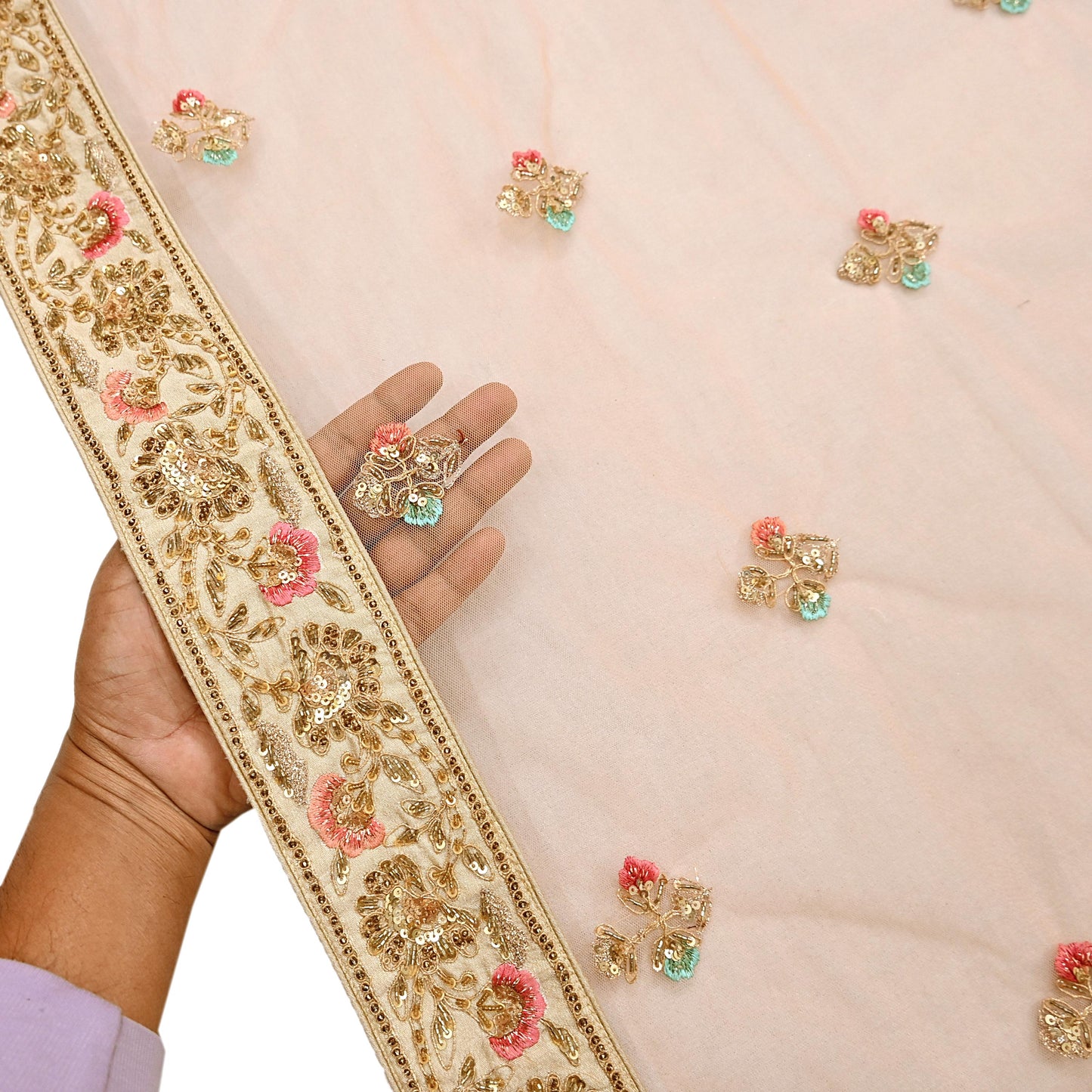 Indian Designer Abu Jani Dupatta Peach Net Mesh Hand Embroidered Mirror Bridal Veil Preowned Heavy Scarf