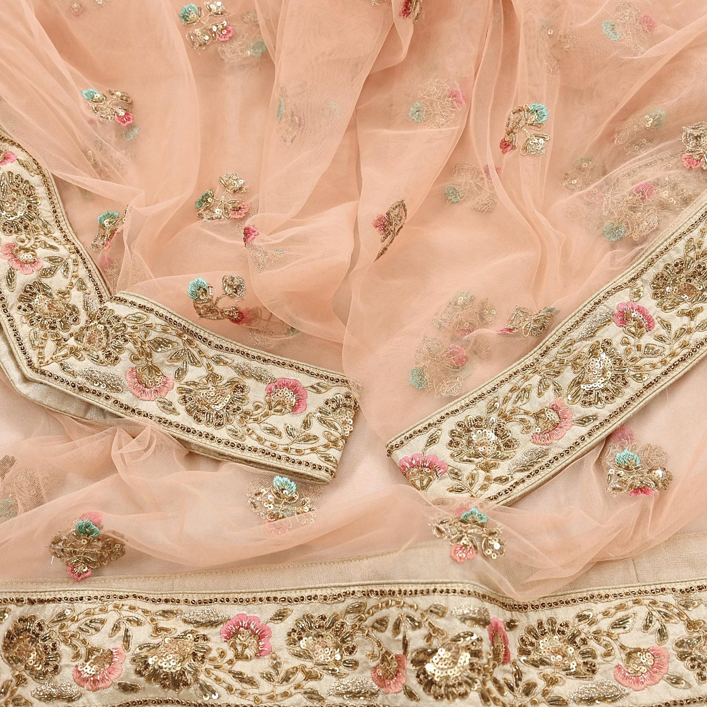 Indian Designer Abu Jani Dupatta Peach Net Mesh Hand Embroidered Mirror Bridal Veil Preowned Heavy Scarf