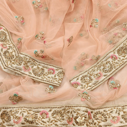 Indian Designer Abu Jani Dupatta Peach Net Mesh Hand Embroidered Mirror Bridal Veil Preowned Heavy Scarf