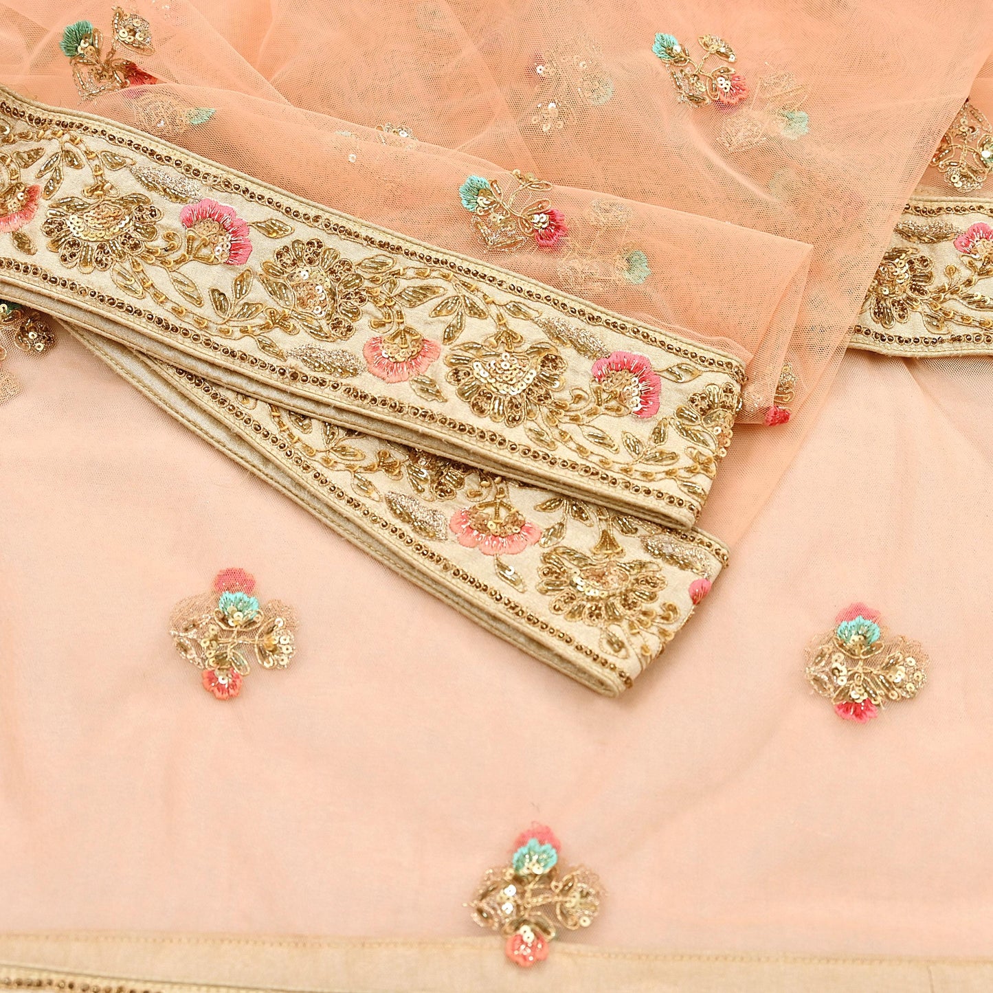 Indian Designer Abu Jani Dupatta Peach Net Mesh Hand Embroidered Mirror Bridal Veil Preowned Heavy Scarf