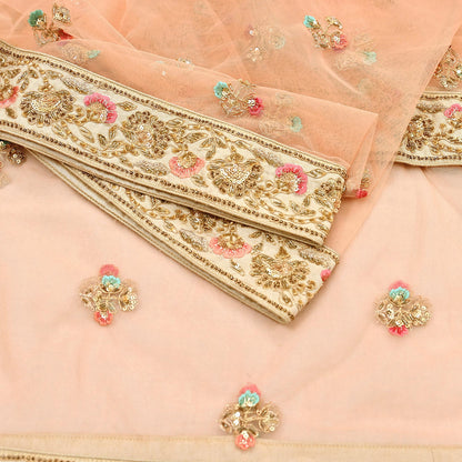 Indian Designer Abu Jani Dupatta Peach Net Mesh Hand Embroidered Mirror Bridal Veil Preowned Heavy Scarf