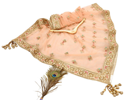 Indian Designer Abu Jani Dupatta Peach Net Mesh Hand Embroidered Mirror Bridal Veil Preowned Heavy Scarf