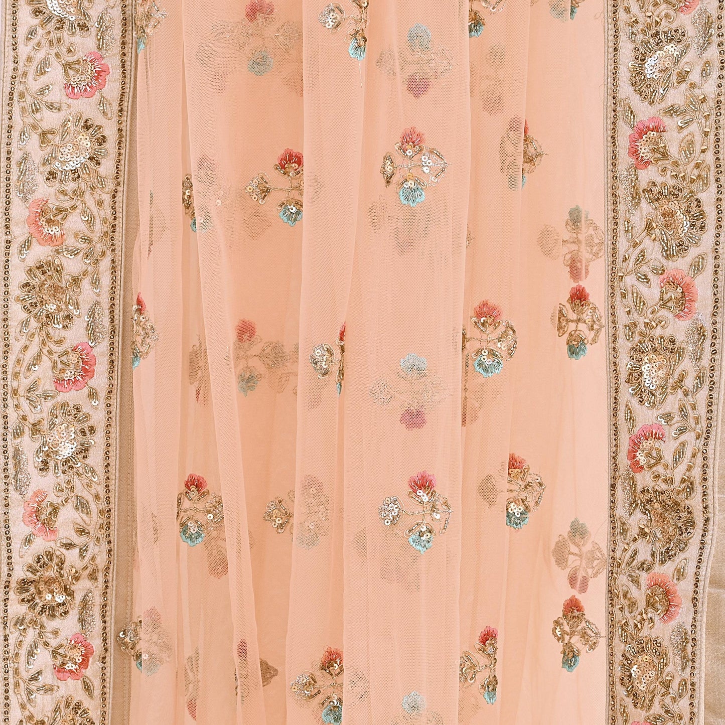 Indian Designer Abu Jani Dupatta Peach Net Mesh Hand Embroidered Mirror Bridal Veil Preowned Heavy Scarf