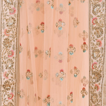 Indian Designer Abu Jani Dupatta Peach Net Mesh Hand Embroidered Mirror Bridal Veil Preowned Heavy Scarf