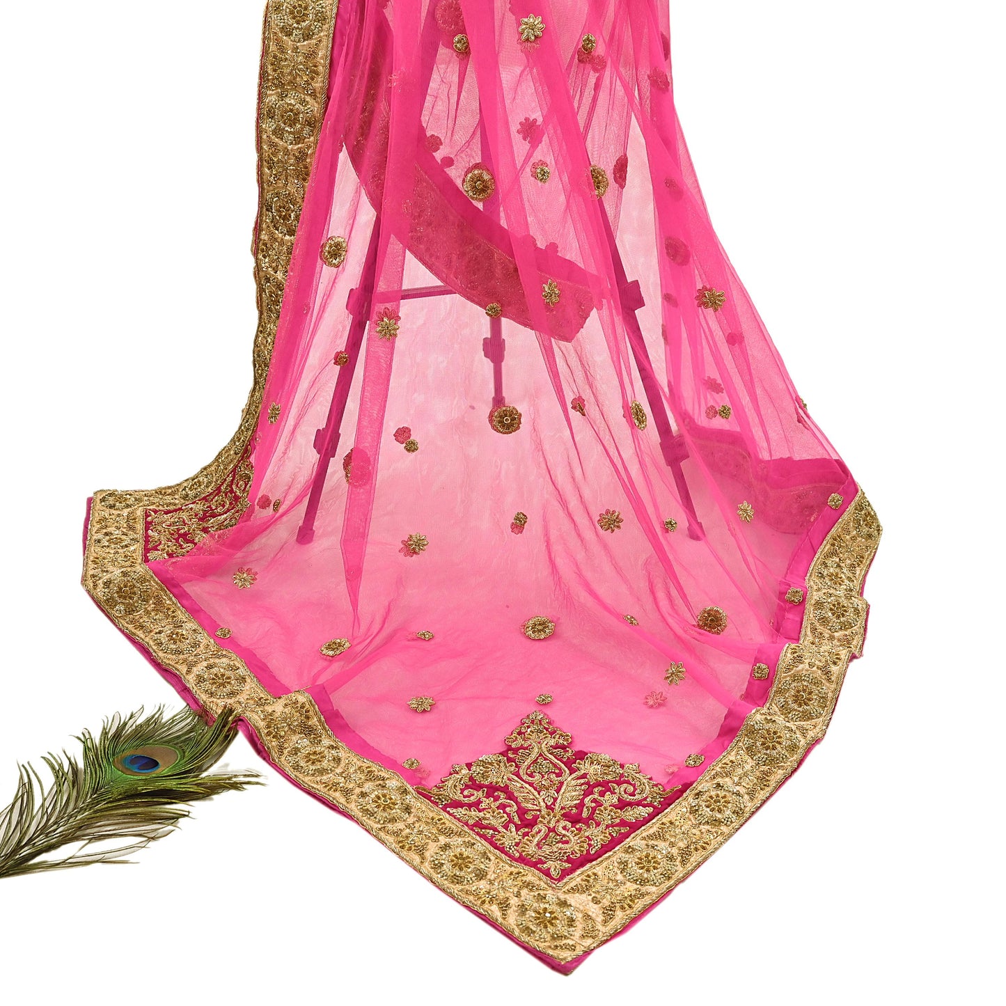 Indian Vintage Heavy Wedding pink Net/Mesh/ Velvet Hand Embroidered Dupatta Designer By Manish Malhotra Bridal Wear Zardozi Veil Hijab
