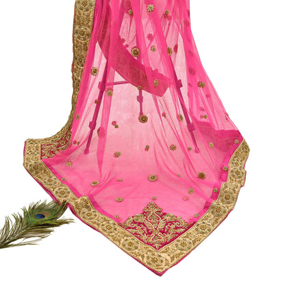Indian Vintage Heavy Wedding pink Net/Mesh/ Velvet Hand Embroidered Dupatta Designer By Manish Malhotra Bridal Wear Zardozi Veil Hijab