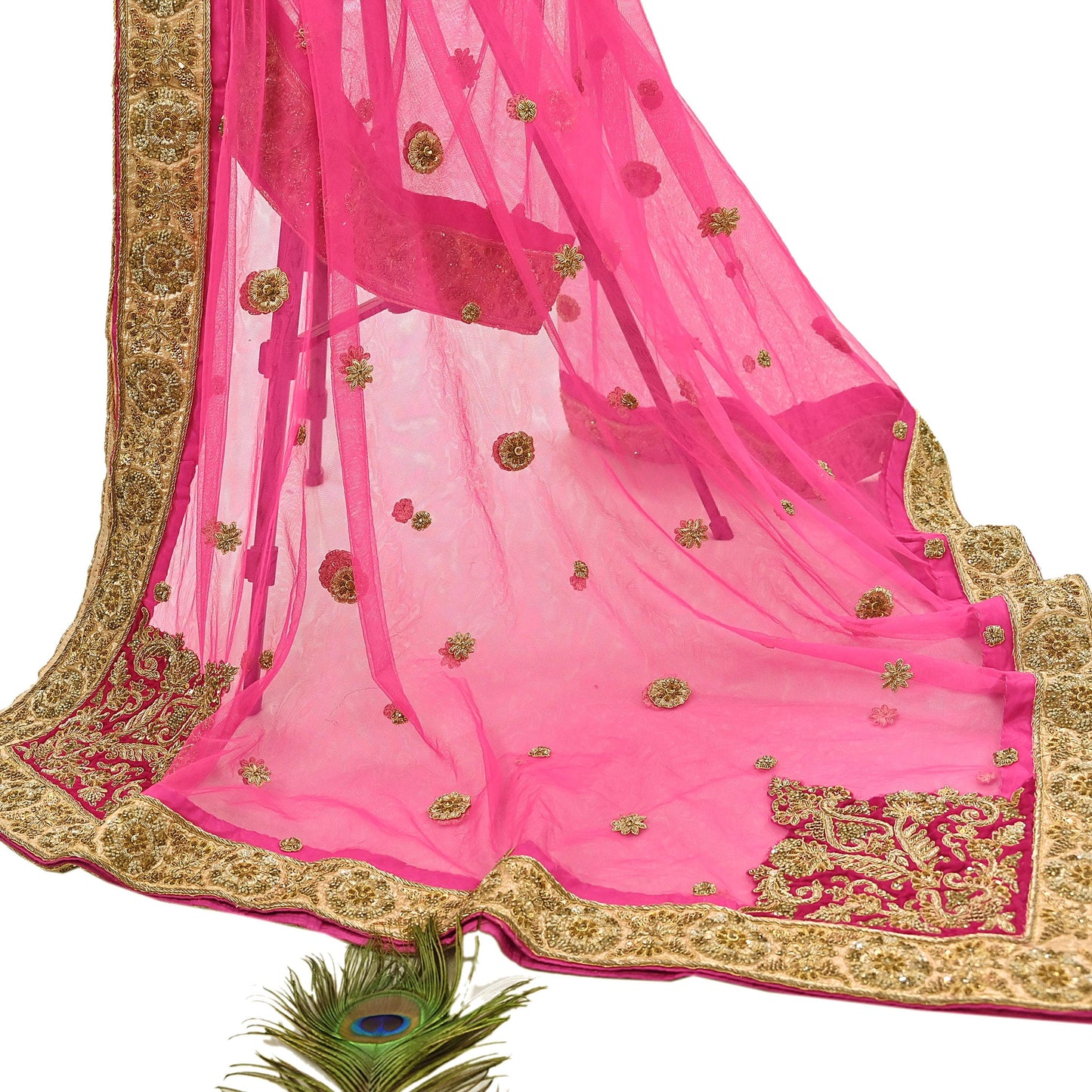 Indian Vintage Heavy Wedding pink Net/Mesh/ Velvet Hand Embroidered Dupatta Designer By Manish Malhotra Bridal Wear Zardozi Veil Hijab