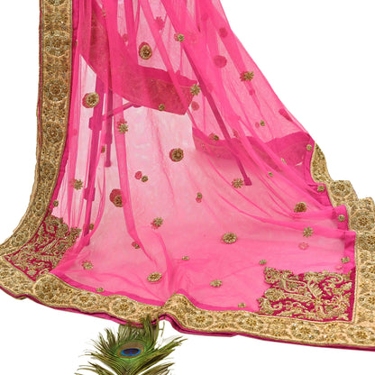 Indian Vintage Heavy Wedding pink Net/Mesh/ Velvet Hand Embroidered Dupatta Designer By Manish Malhotra Bridal Wear Zardozi Veil Hijab