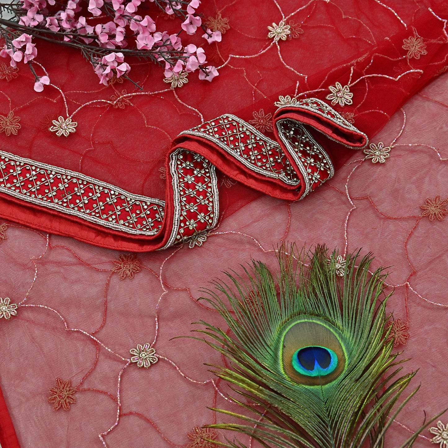 Indian Vintage Heavy Wedding Red Net/Mesh/ Velvet Hand Embroidered Dupatta Designer By Anamika Khanna Bridal Wear Dabka Zardozi Veil Hijab