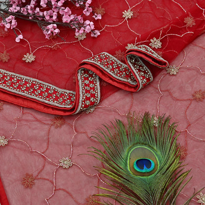 Indian Vintage Heavy Wedding Red Net/Mesh/ Velvet Hand Embroidered Dupatta Designer By Anamika Khanna Bridal Wear Dabka Zardozi Veil Hijab