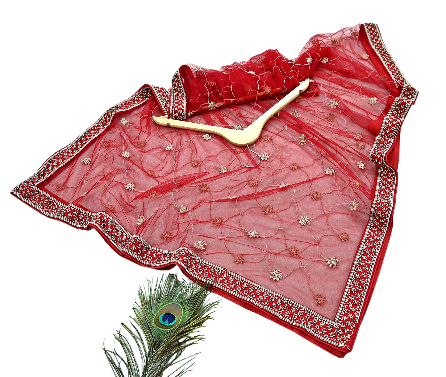 Indian Vintage Heavy Wedding Red Net/Mesh/ Velvet Hand Embroidered Dupatta Designer By Anamika Khanna Bridal Wear Dabka Zardozi Veil Hijab