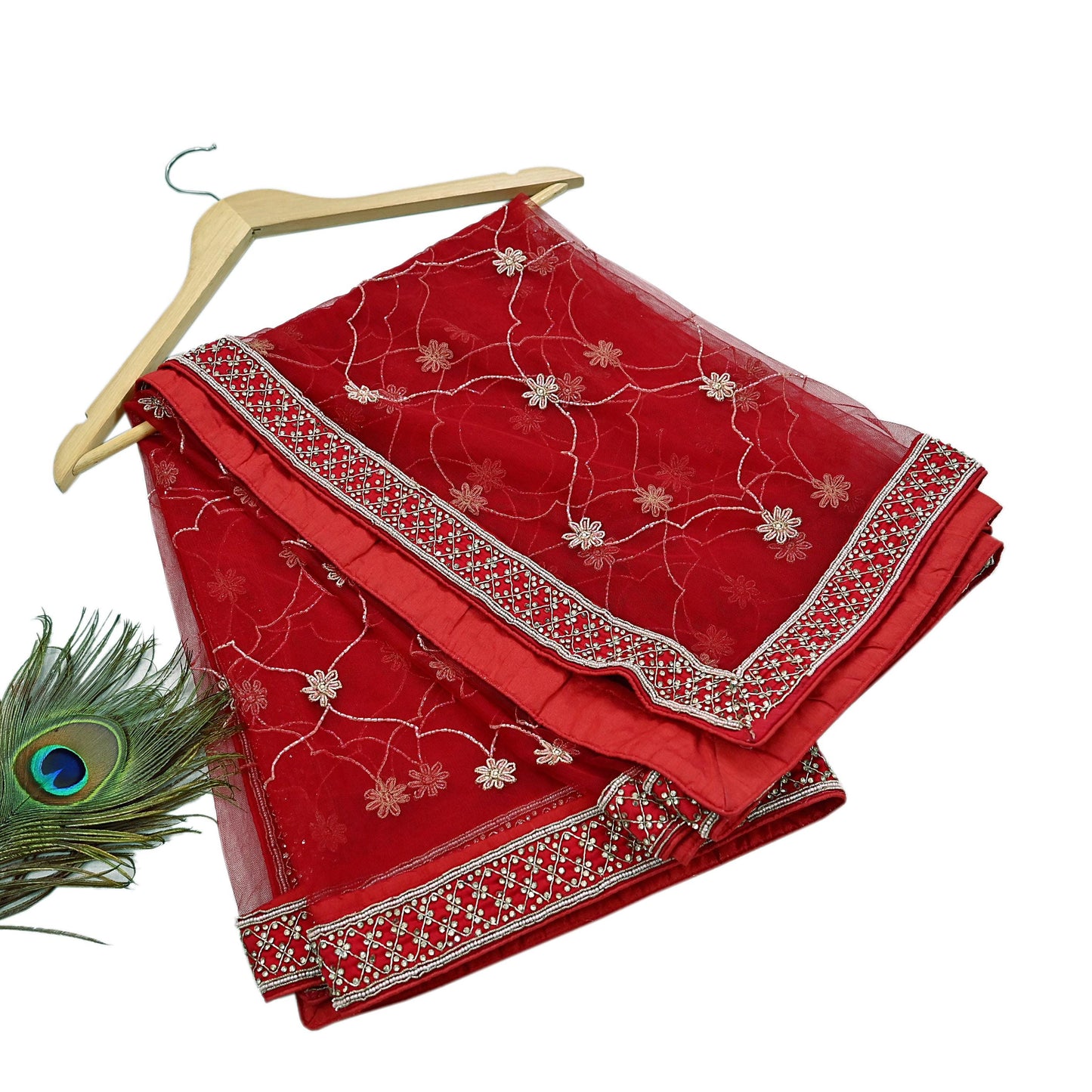 Indian Vintage Heavy Wedding Red Net/Mesh/ Velvet Hand Embroidered Dupatta Designer By Anamika Khanna Bridal Wear Dabka Zardozi Veil Hijab