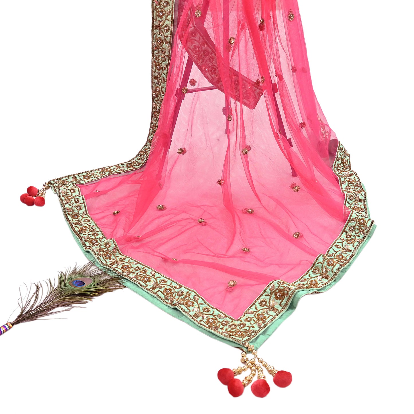 Indian Heavy Wedding Dupatta Pink Net Long Stole Hand Embroidered By Designer Sabyasachi Scarves Zardozi Bridal Veil