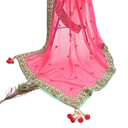 Indian Heavy Wedding Dupatta Pink Net Long Stole Hand Embroidered By Designer Sabyasachi Scarves Zardozi Bridal Veil