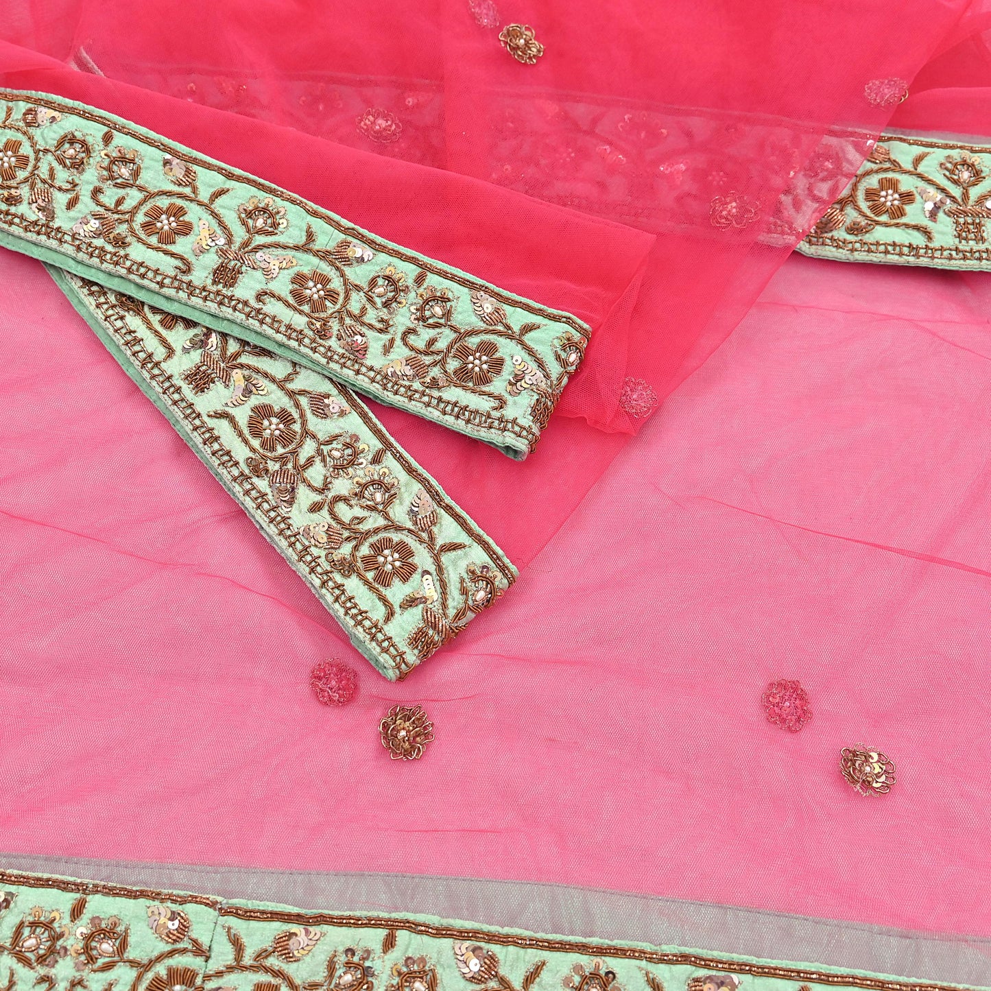 Indian Heavy Wedding Dupatta Pink Net Long Stole Hand Embroidered By Designer Sabyasachi Scarves Zardozi Bridal Veil