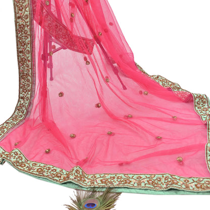 Indian Heavy Wedding Dupatta Pink Net Long Stole Hand Embroidered By Designer Sabyasachi Scarves Zardozi Bridal Veil