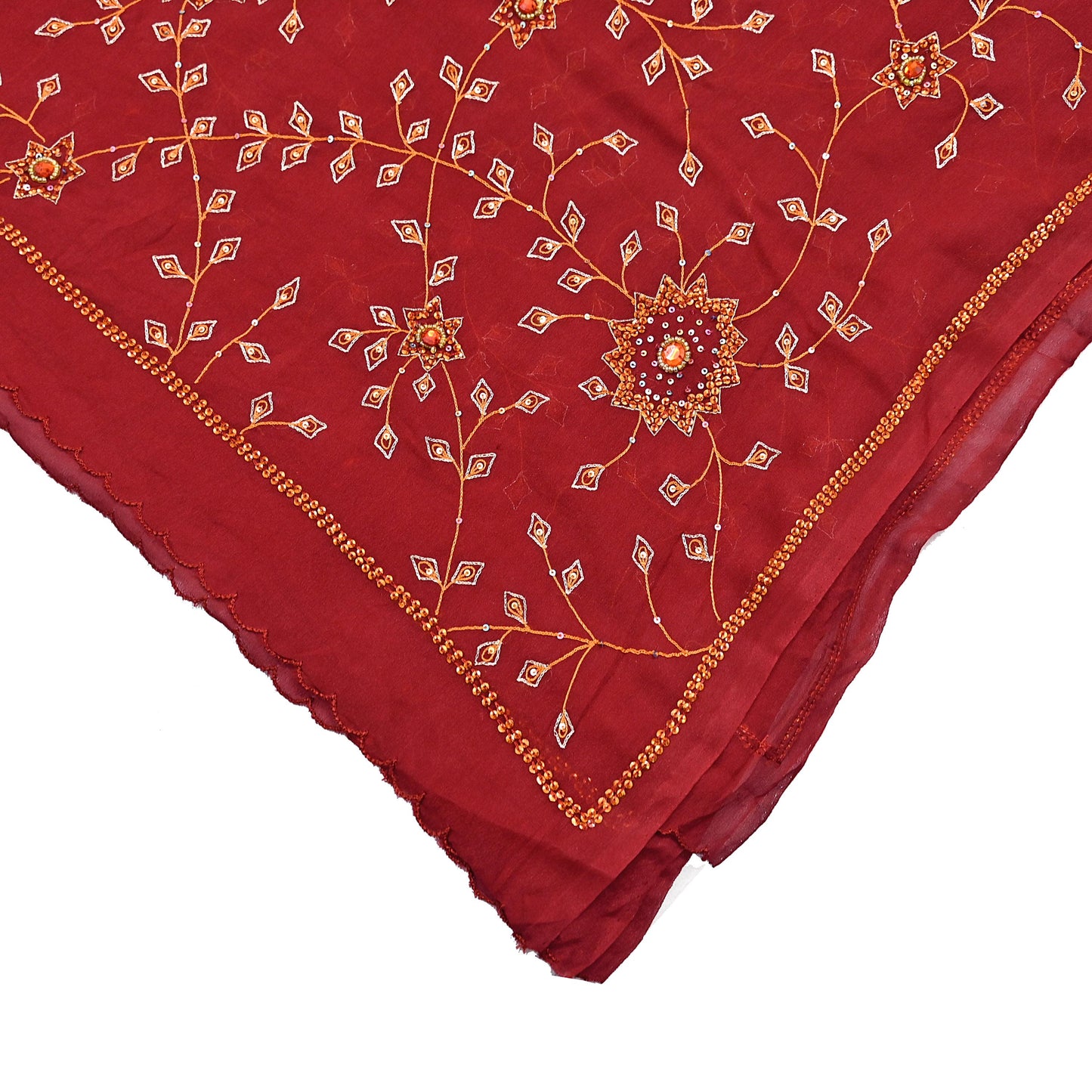 Indian Vintage Red Dupatta Pure Georgette silk Long Stole Hand Embroidered Scarves Stole Veil Wrap Sequins Hijab