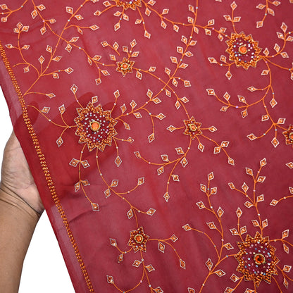 Indian Vintage Red Dupatta Pure Georgette silk Long Stole Hand Embroidered Scarves Stole Veil Wrap Sequins Hijab