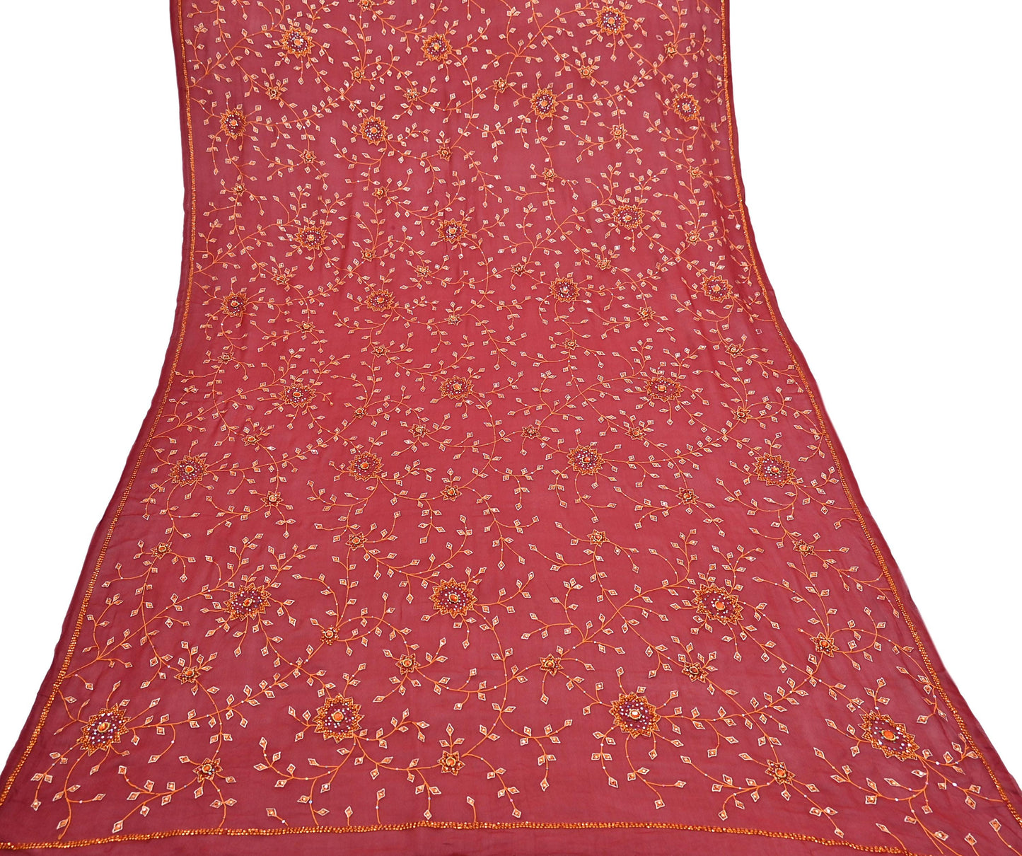 Indian Vintage Red Dupatta Pure Georgette silk Long Stole Hand Embroidered Scarves Stole Veil Wrap Sequins Hijab