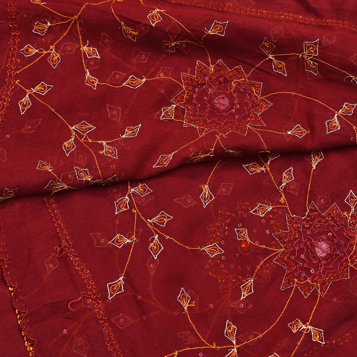 Indian Vintage Red Dupatta Pure Georgette silk Long Stole Hand Embroidered Scarves Stole Veil Wrap Sequins Hijab