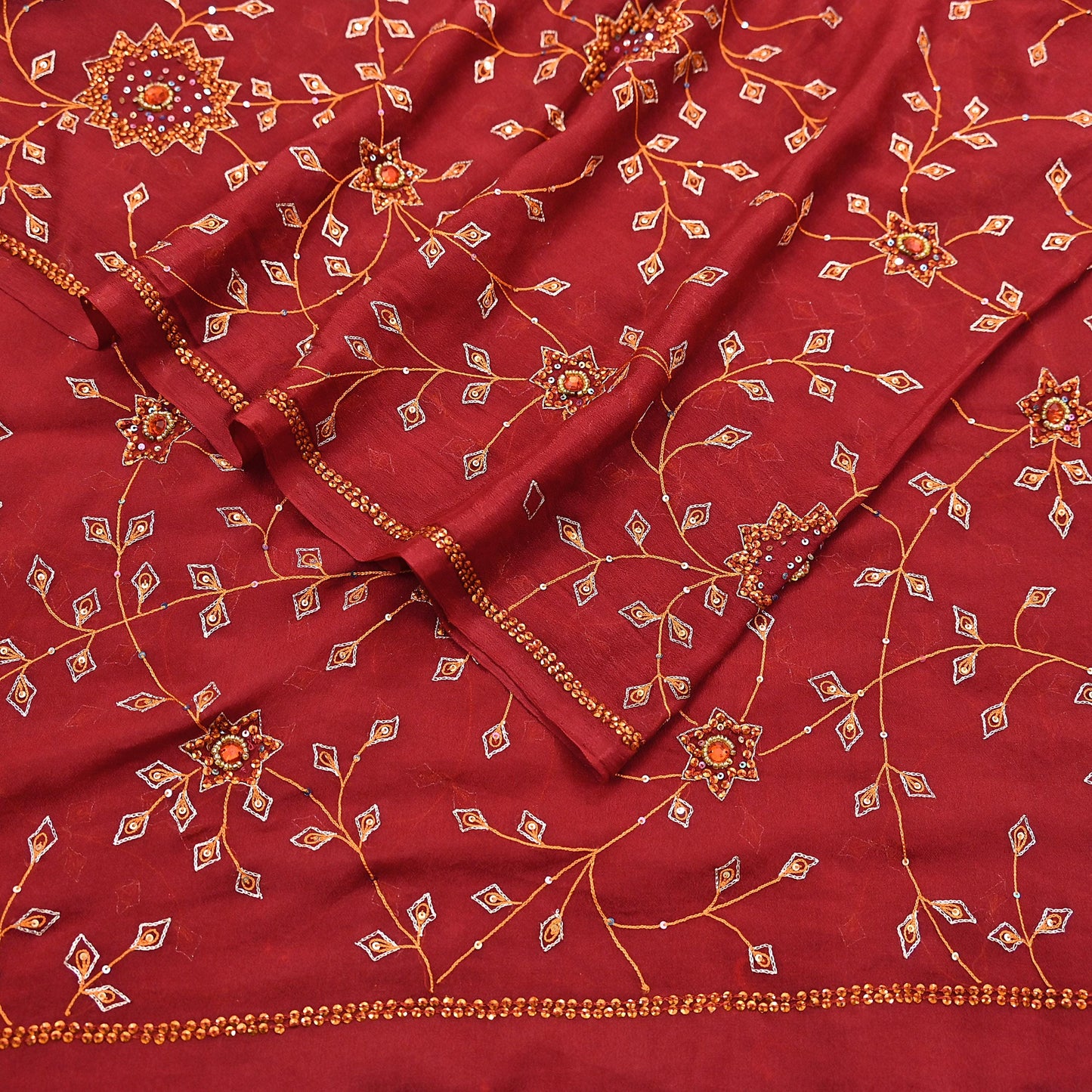 Indian Vintage Red Dupatta Pure Georgette silk Long Stole Hand Embroidered Scarves Stole Veil Wrap Sequins Hijab