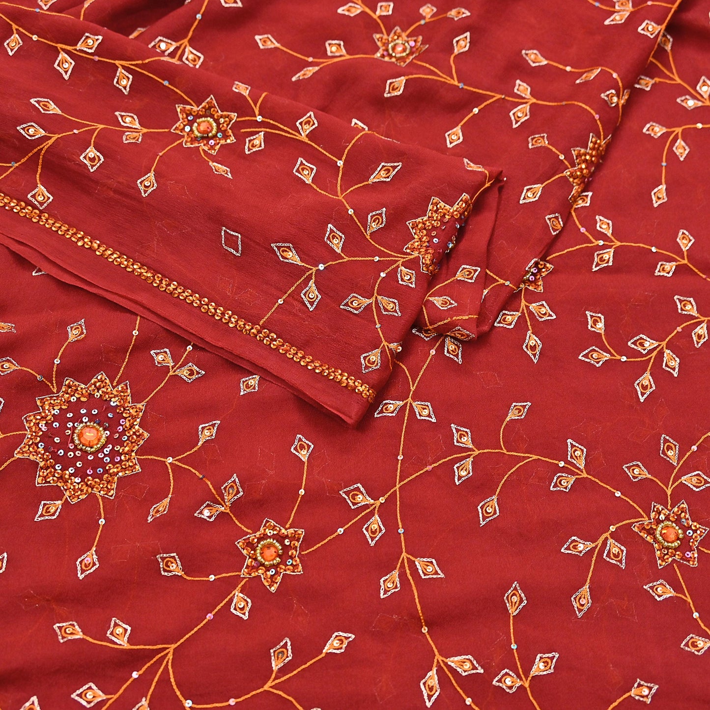 Indian Vintage Red Dupatta Pure Georgette silk Long Stole Hand Embroidered Scarves Stole Veil Wrap Sequins Hijab