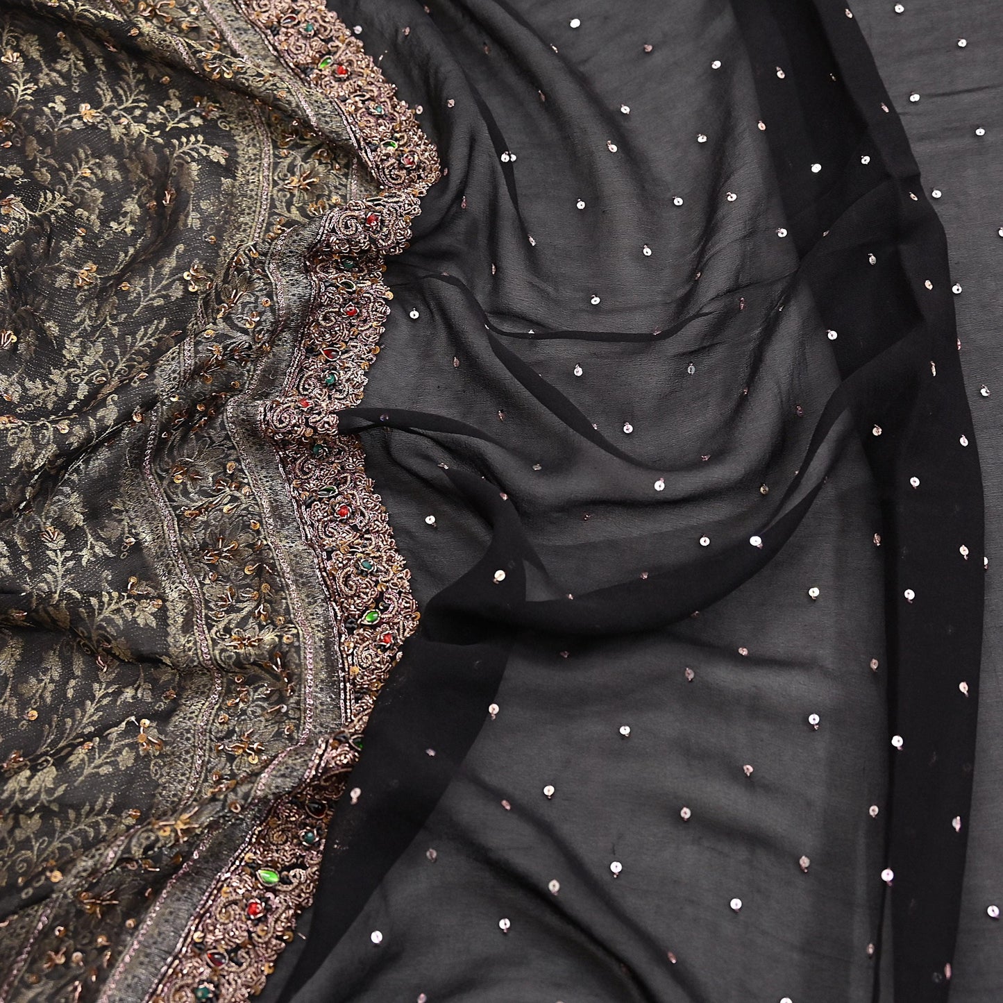 Indian Vintage Black Dupatta Long Stole Pure Georgette Silk Hand Woven Brocade Scarves Veil Scarf Wrap Hippie Boho Soft Floral